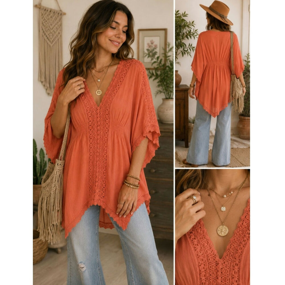 Blanco Coral Boho Crochet Tunic Cover Up Top Size L 100% Cotton Beach Festival